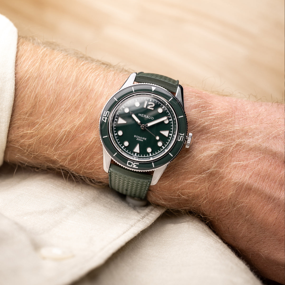 Méraud Bonaire MkII Moss Green on the wrist